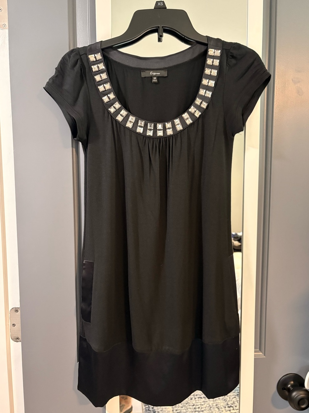 Express Black Short-Sleeve Tunic with Jeweled Scoop Neck